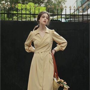 French Style Vintage Elegant Beige Wrap Dress